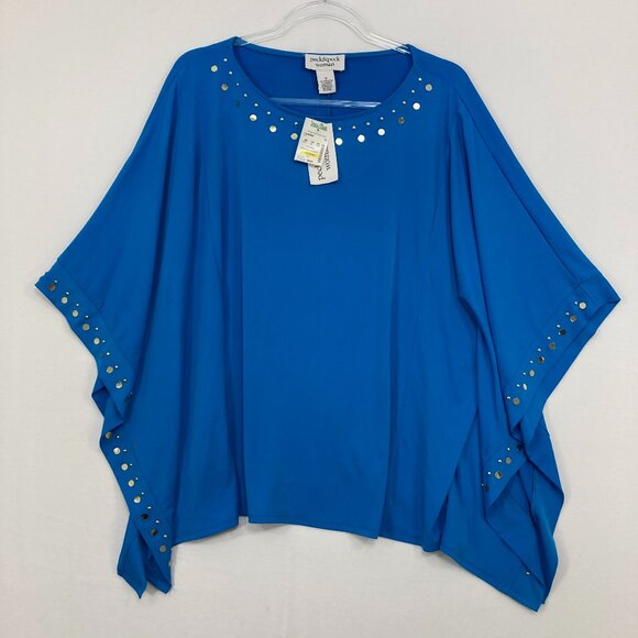 New Peck & Peck size 1X Blue Stretch Knit Studded Poncho Top Vacation Festival - Picture 1 of 11